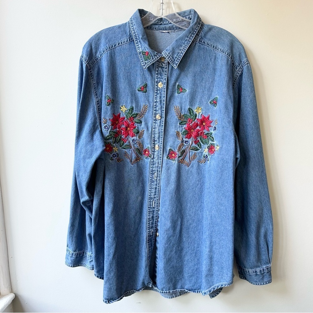 Vintage 90s denim button down with Christmas poinsettia & holly embroidery